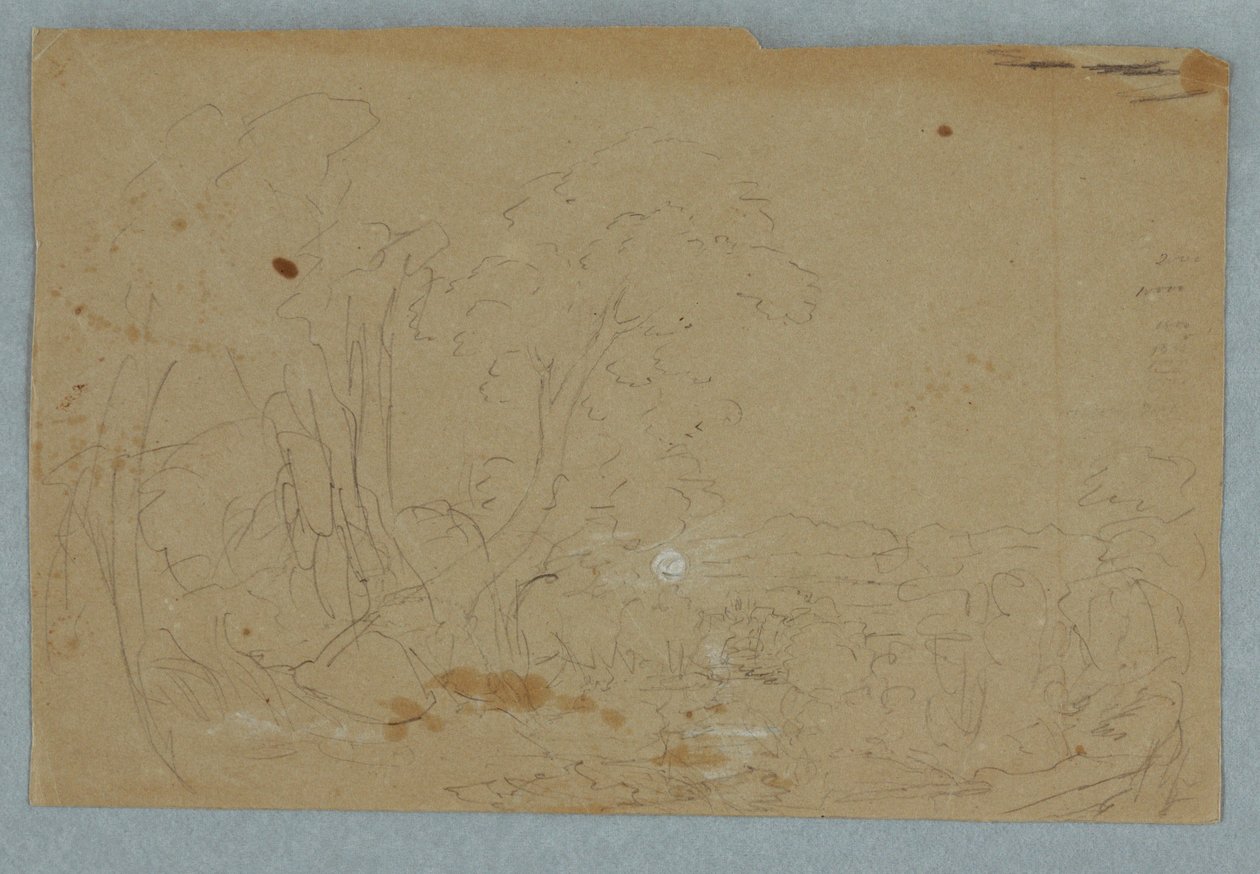 Dessin, ciel nuageux sur un paysage de collines ; Verso : pleine lune se reflétant dans un ruisseau, 1845-50 - Frederic Edwin Church