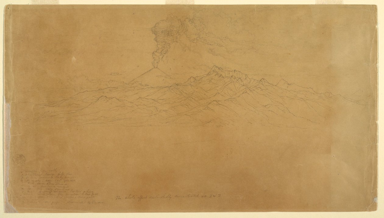 Dessin, volcan Cotapaxi en éruption derrière des chaînes de montagnes, Équateur, 1857 - Frederic Edwin Church