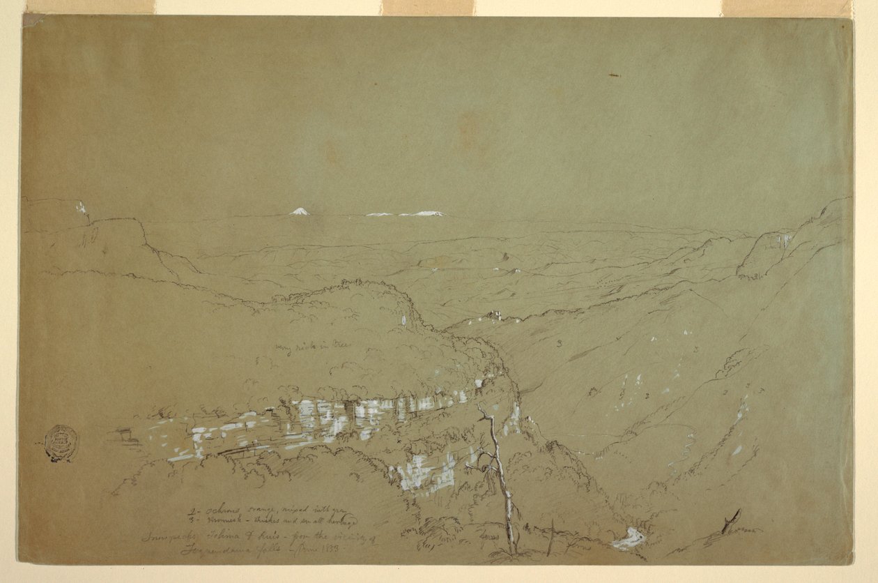 Dessin, vue lointaine des volcans Tolima et Ruiz depuis les environs des chutes de Tequendama, Colombie, juin 1853 - Frederic Edwin Church