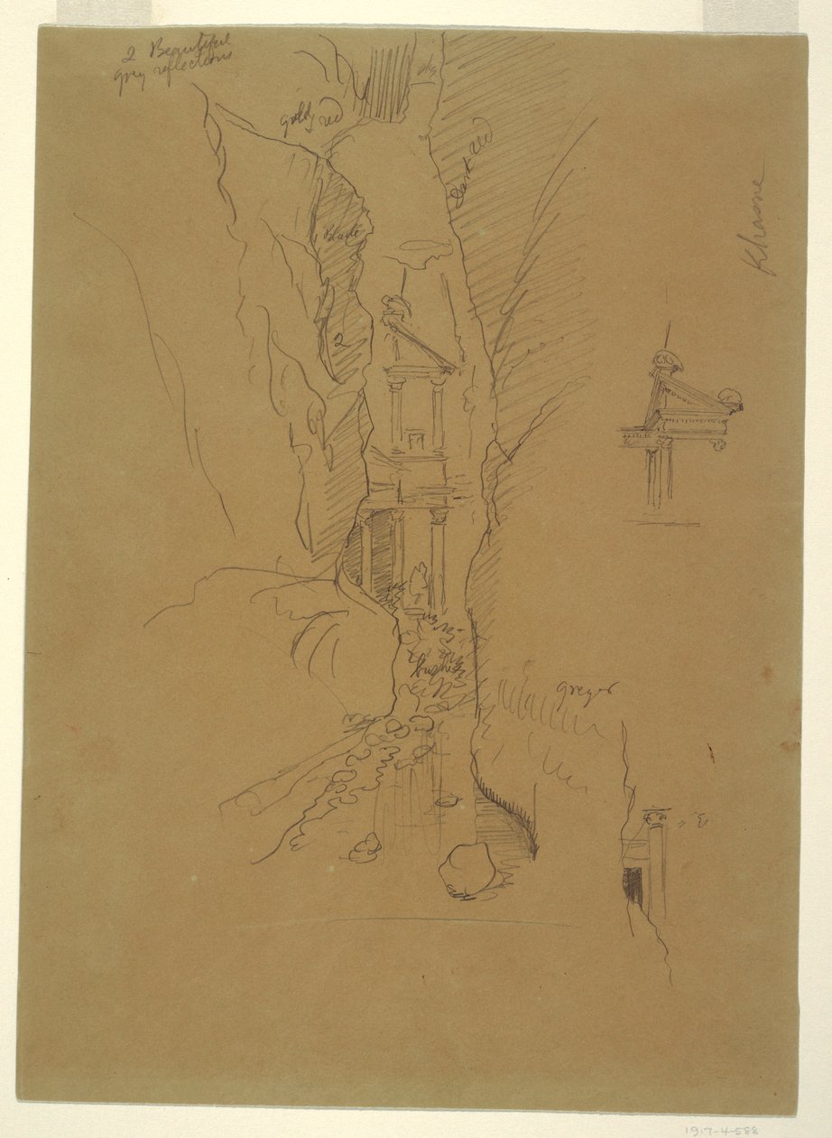 Dessin, El Khasneh depuis le Sik, Petra, fin février 1868 - Frederic Edwin Church
