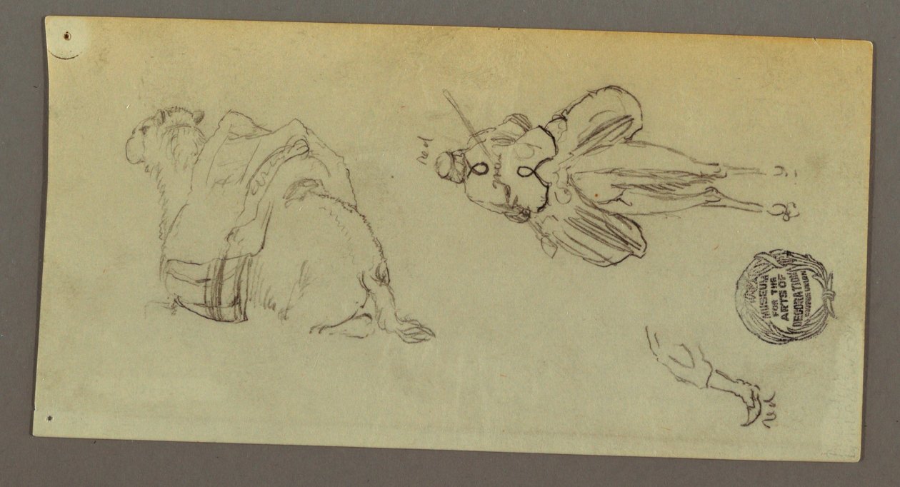 Dessin, personnage montant un chameau, chameau assis, peut-être 1868 - Frederic Edwin Church