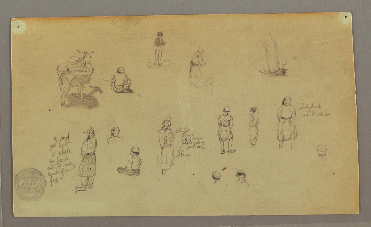Dessin, études de figures, âne de bât, bateau à voile, peut-être 1868 - Frederic Edwin Church