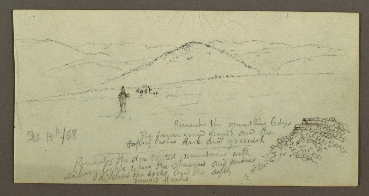 Dessin, tas de pierres, plaine et montagnes, Soleil, 19 février 1868 - Frederic Edwin Church