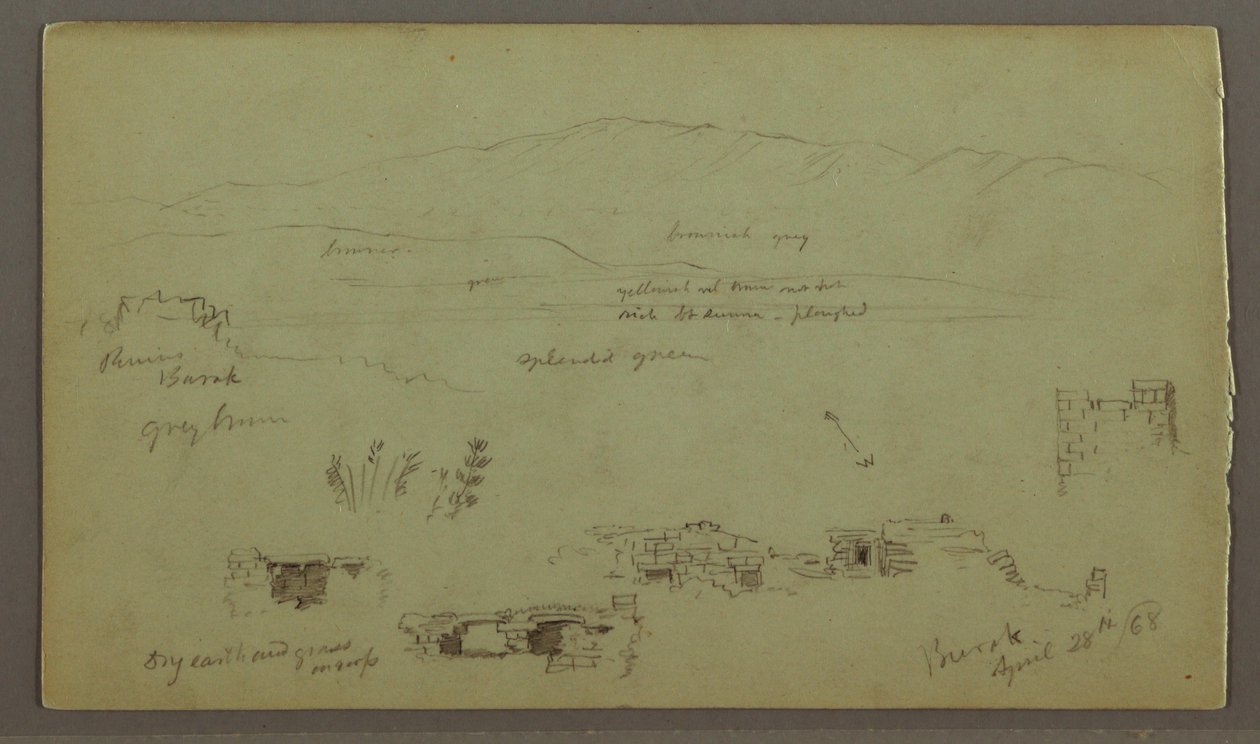 Dessin, chaîne de collines à travers la plaine, ruines, 28 avril 1868 - Frederic Edwin Church