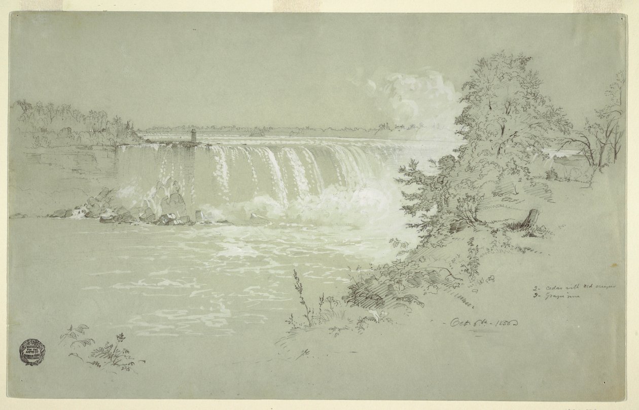 Dessin, chutes Horseshoe et île Goat de la Banque canadienne, 6 octobre 1856 - Frederic Edwin Church