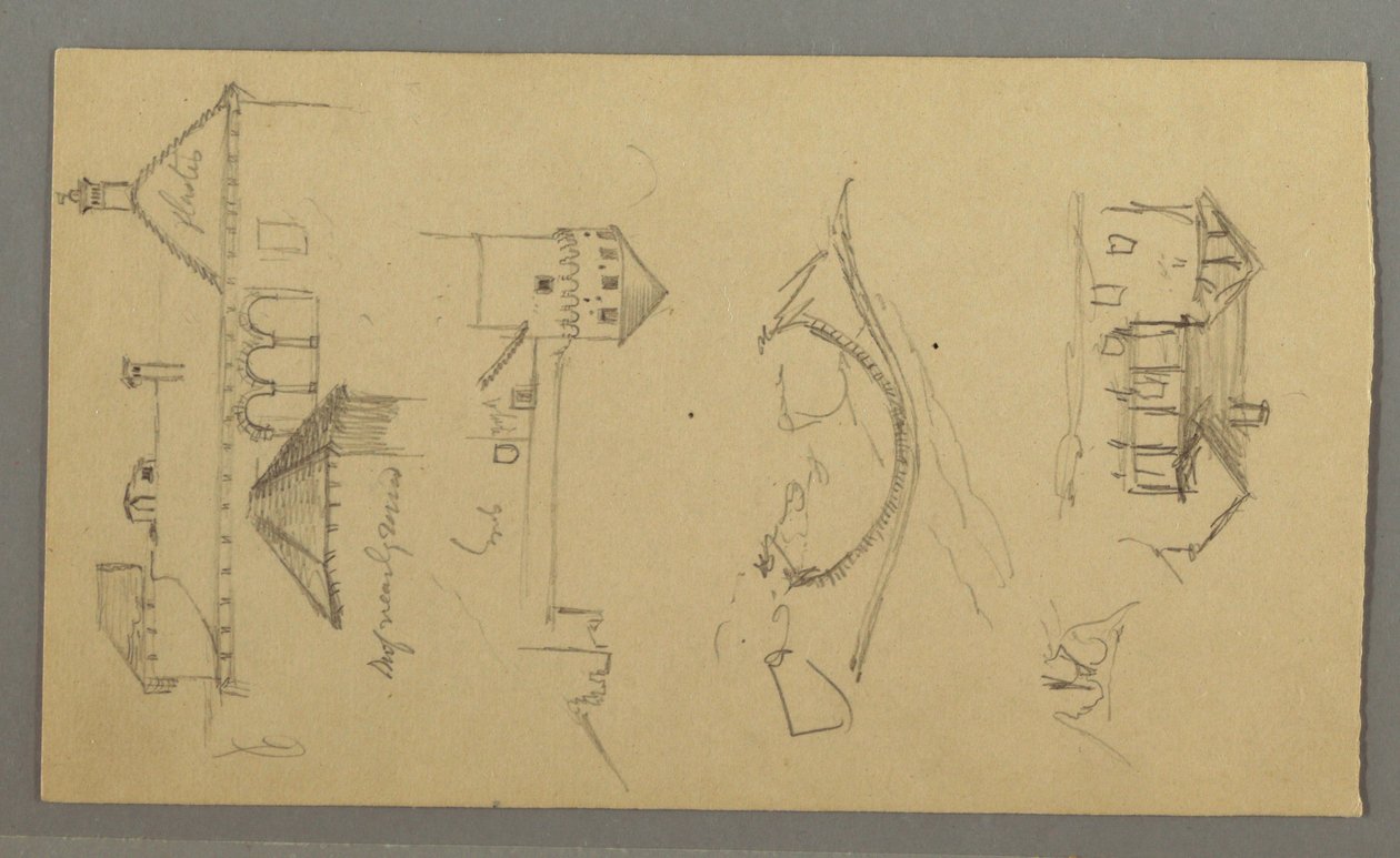 Dessin, maison, pont, château, toits, août 1868 - Frederic Edwin Church