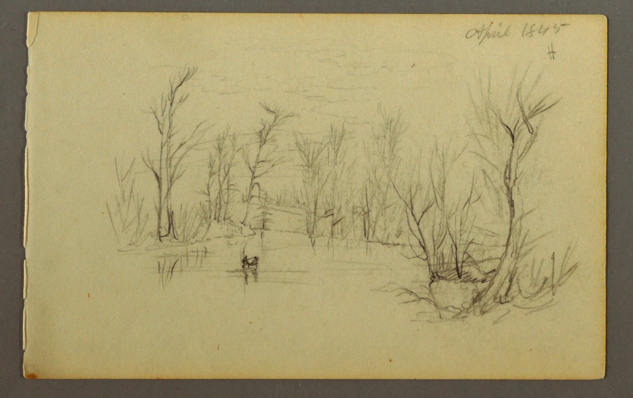 Dessin, étang Htakie ( ), deux personnes dans un canoë, 1845 - Frederic Edwin Church