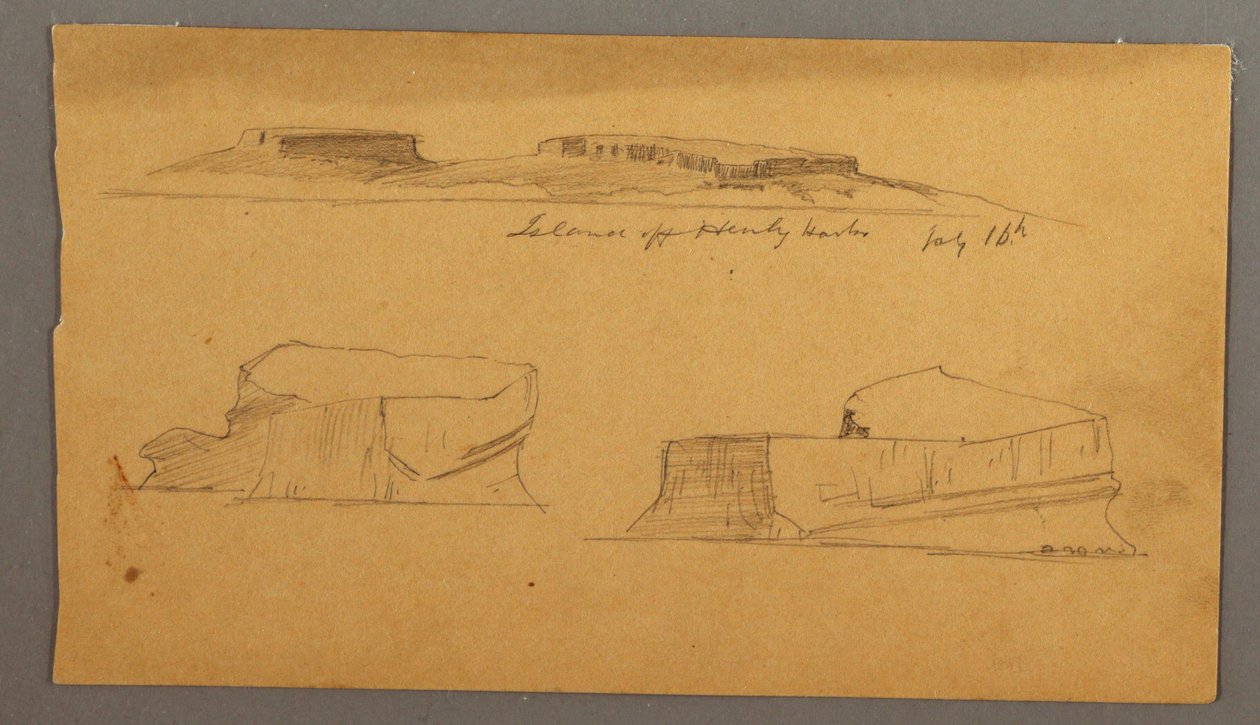 Dessin, île au large du port de Henly et deux icebergs flottants, 16 juillet 1859 - Frederic Edwin Church