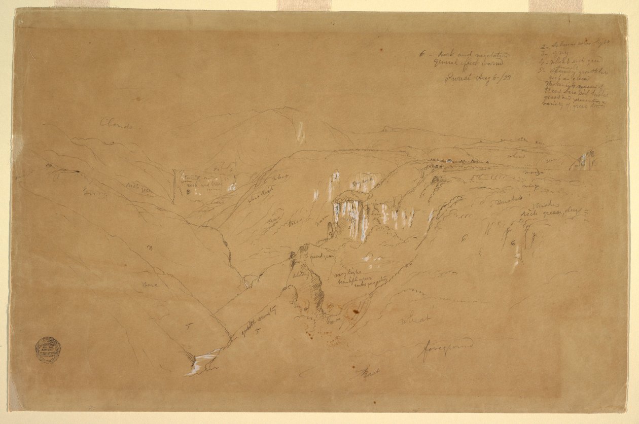 Dessin, Paysage avec le mont Purese, Colombie, 6 août 1853 - Frederic Edwin Church