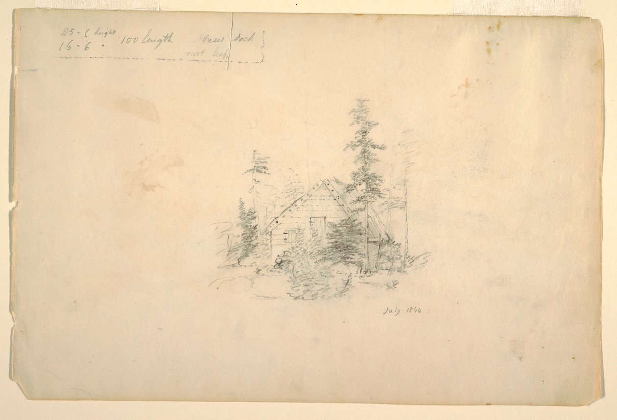 Dessin, cabane en rondins entourée d