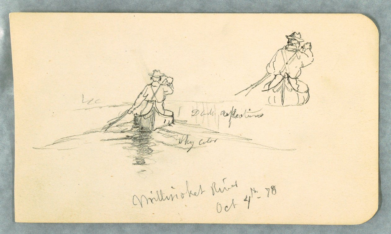 Dessin, homme pagayant un canoë sur la rivière Millinoket [sic], 4 octobre 1878 - Frederic Edwin Church
