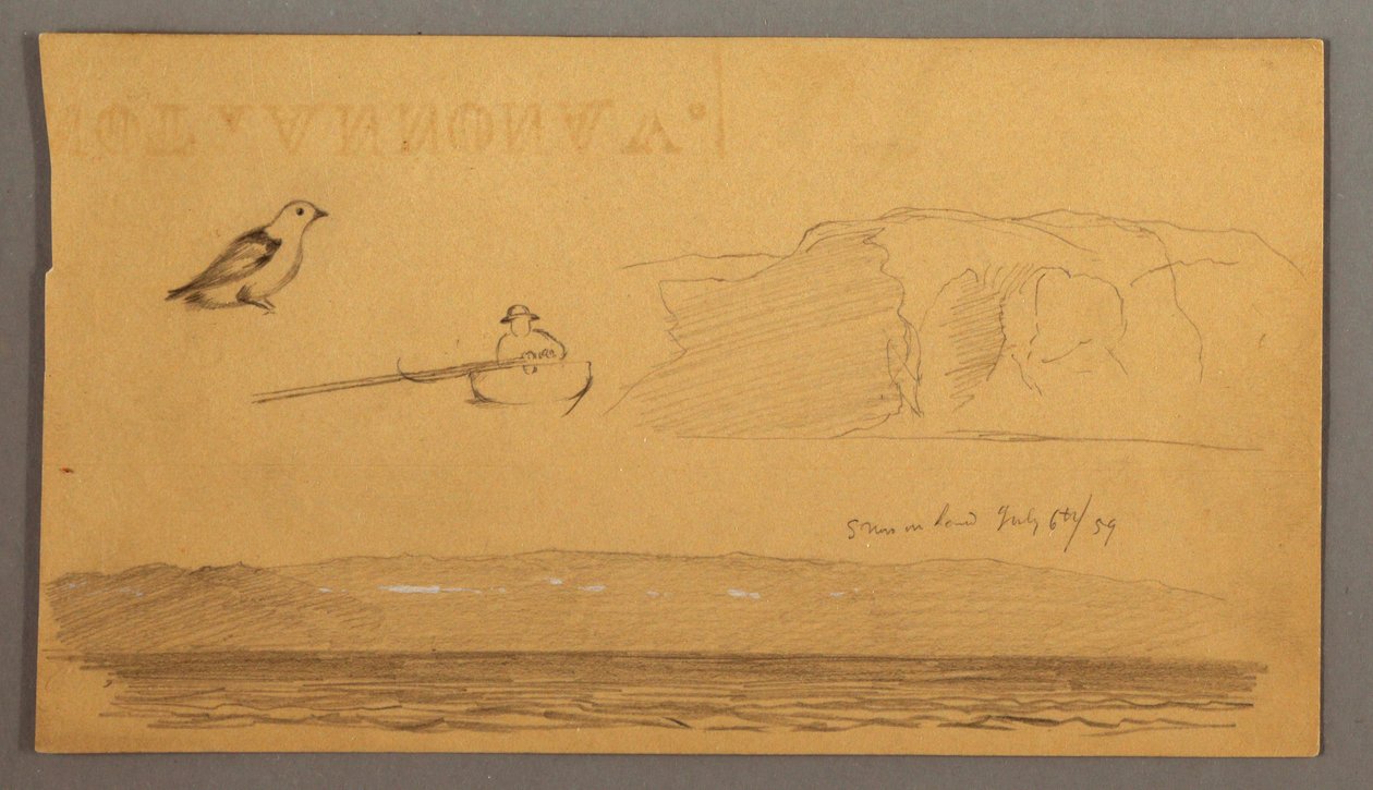 Dessin, Homme en bateau, oiseau, falaises, côte, 6 juillet 1859 - Frederic Edwin Church