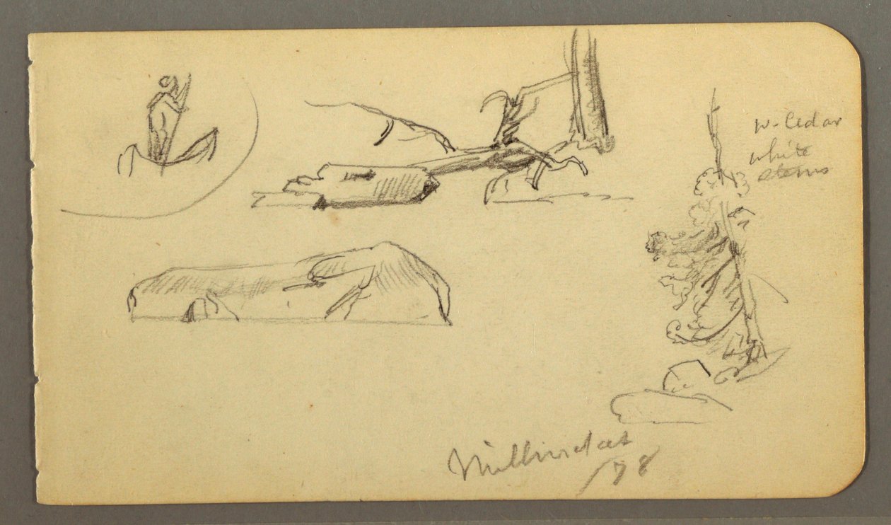 Dessin, Homme en bateau, rochers, tronc d