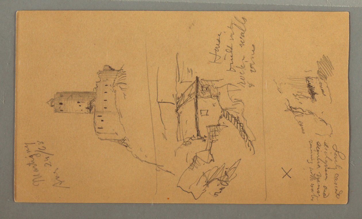 Dessin, château médiéval, maison en cascade, 24 août 1868 - Frederic Edwin Church
