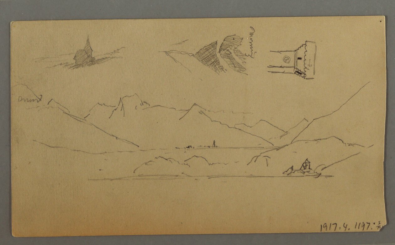 Dessin, château médiéval, deux tours, études de personnages, près de Thun, peut-être 1868 - Frederic Edwin Church