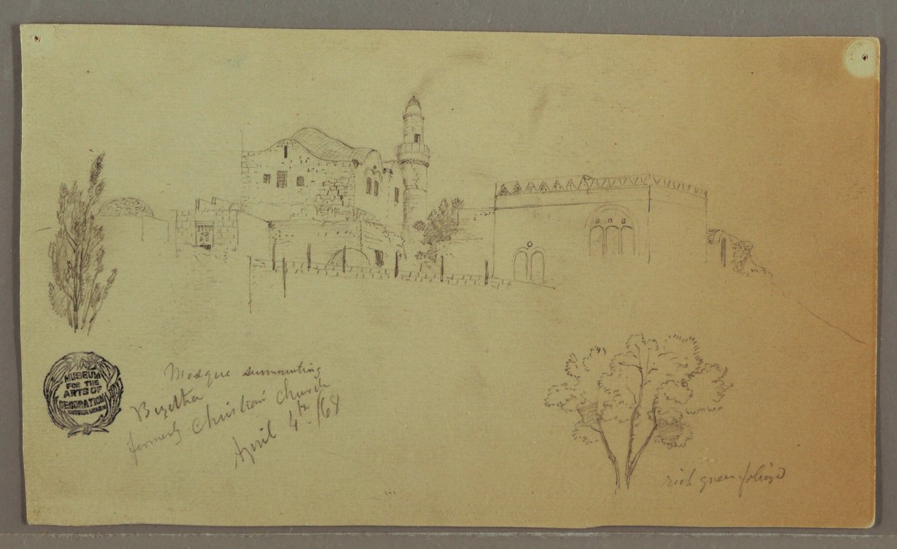 Dessin, Mosquée et bâtiments adjacents, arbres, 4 avril 1868 - Frederic Edwin Church