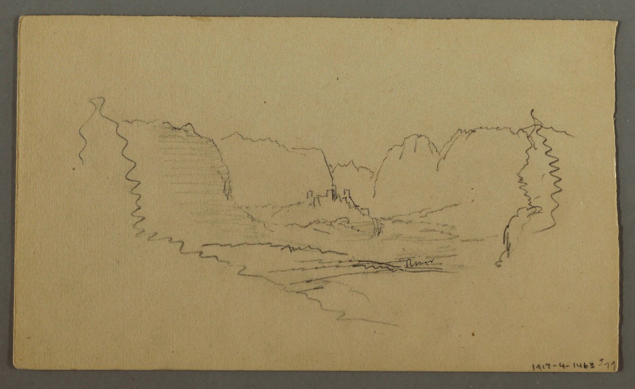 Dessin, pics montagneux, sanctuaire au bord de la route, août 1868 - Frederic Edwin Church