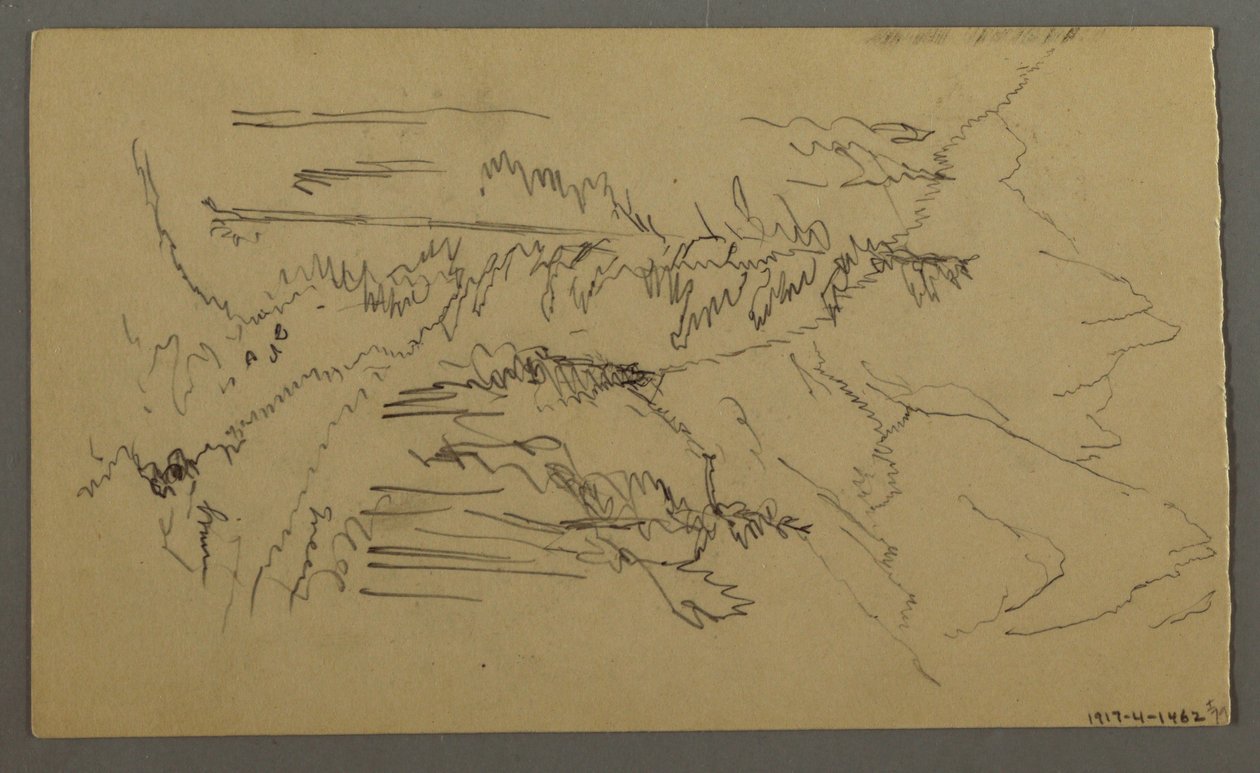 Dessin, Pics montagneux, deux personnages dans une barque, août 1868 - Frederic Edwin Church
