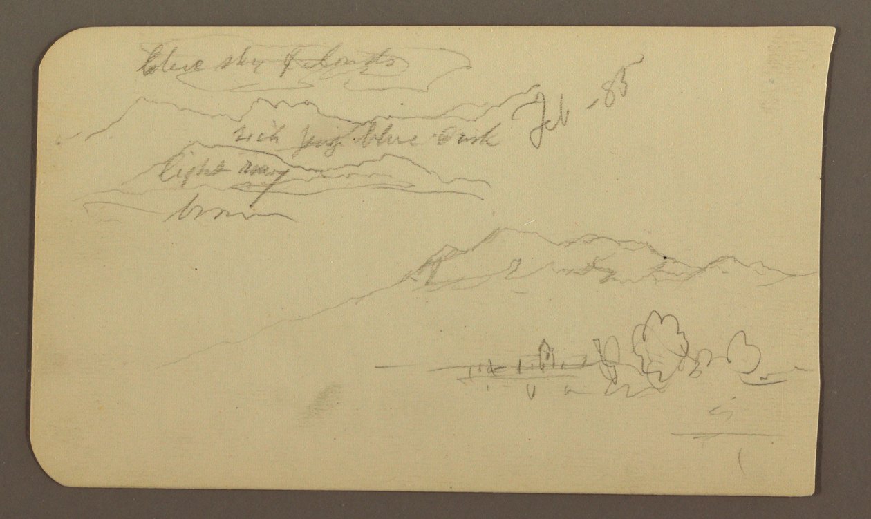 Dessin, chaînes de montagnes, Cuautla, église ; verso : cheval accroupi, notes sur le paysage, février 1885 - Frederic Edwin Church