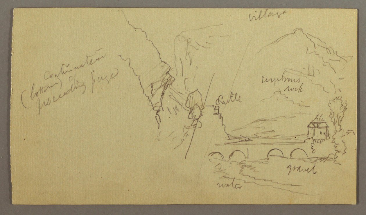 Dessin, vallée montagneuse, pont, bâtiments, peut-être 1868-69 - Frederic Edwin Church