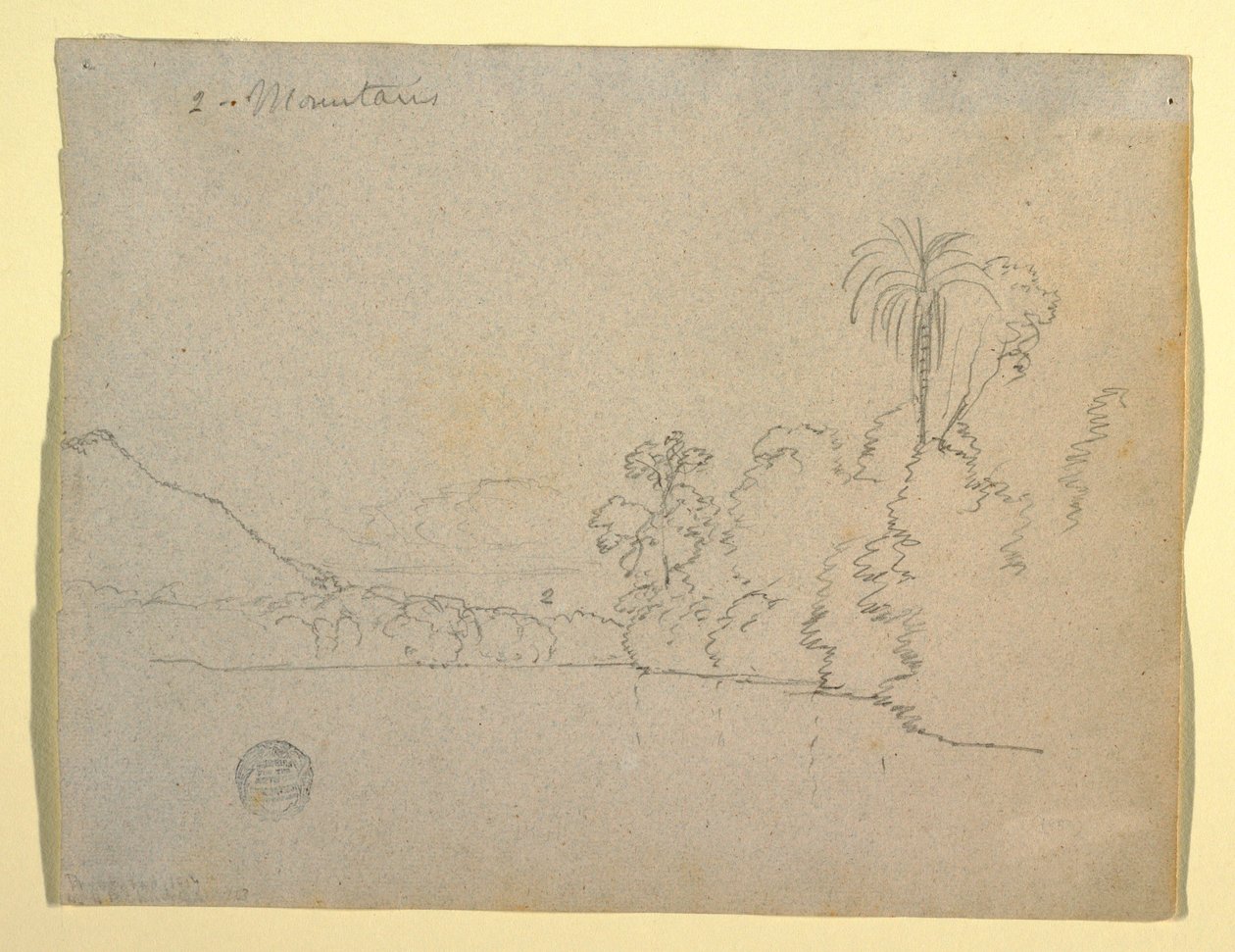 Dessin, rive montagneuse d