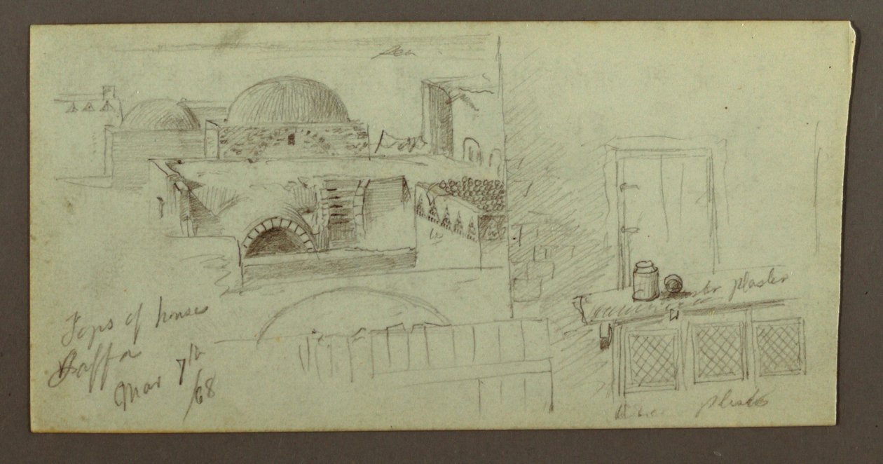 Dessin, toits surplombant la mer, porte d