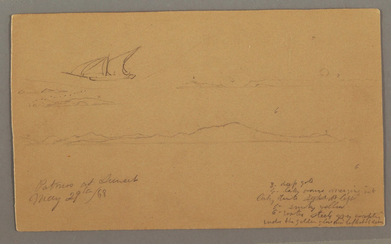 Dessin, voilier, côte montagneuse, îles, 29 mai 1868 - Frederic Edwin Church