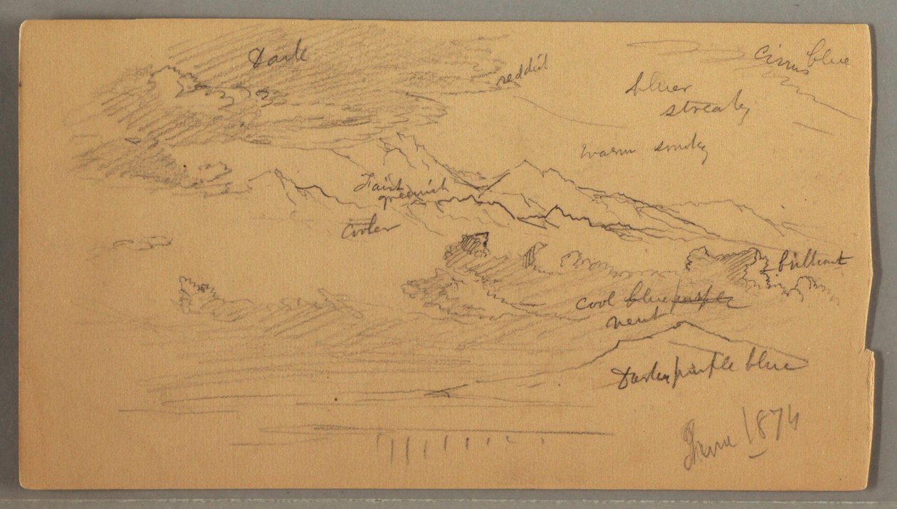 Dessin, pics montagneux acérés, ciel nuageux, juin 1874 - Frederic Edwin Church