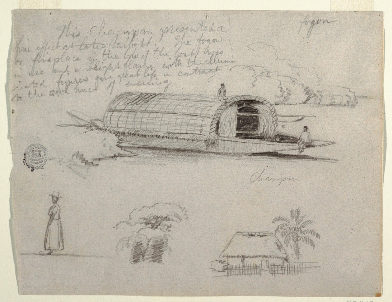 Croquis de Colombie - Bateau fluvial (Champan), une femme, groupe d