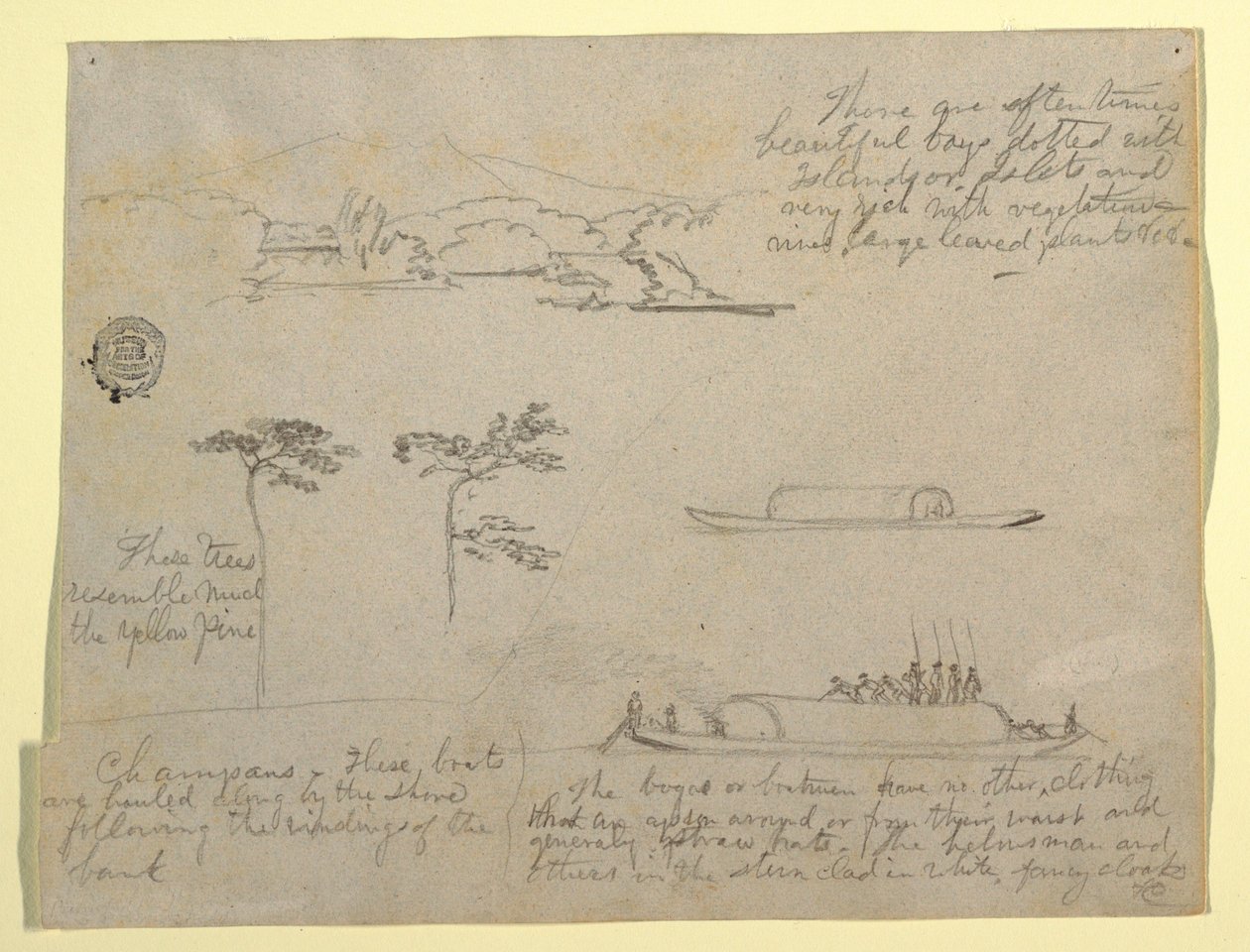 Dessin, Croquis de Colombie : Arbres et embarcations (Champans), 1853 - Frederic Edwin Church