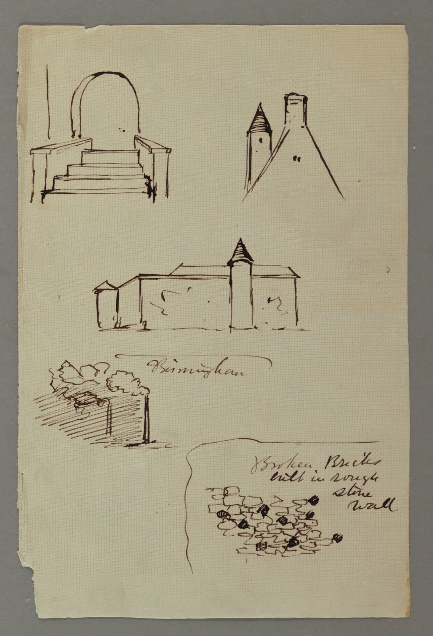 Dessin, escalier, toit avec tour, mur en pierre, peut-être 1869 - Frederic Edwin Church