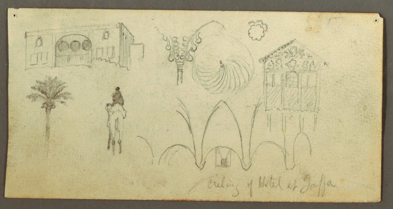 Dessin, maison seigneuriale, personnage montant un chameau, études architecturales, palmier, peut-être 1868 - Frederic Edwin Church