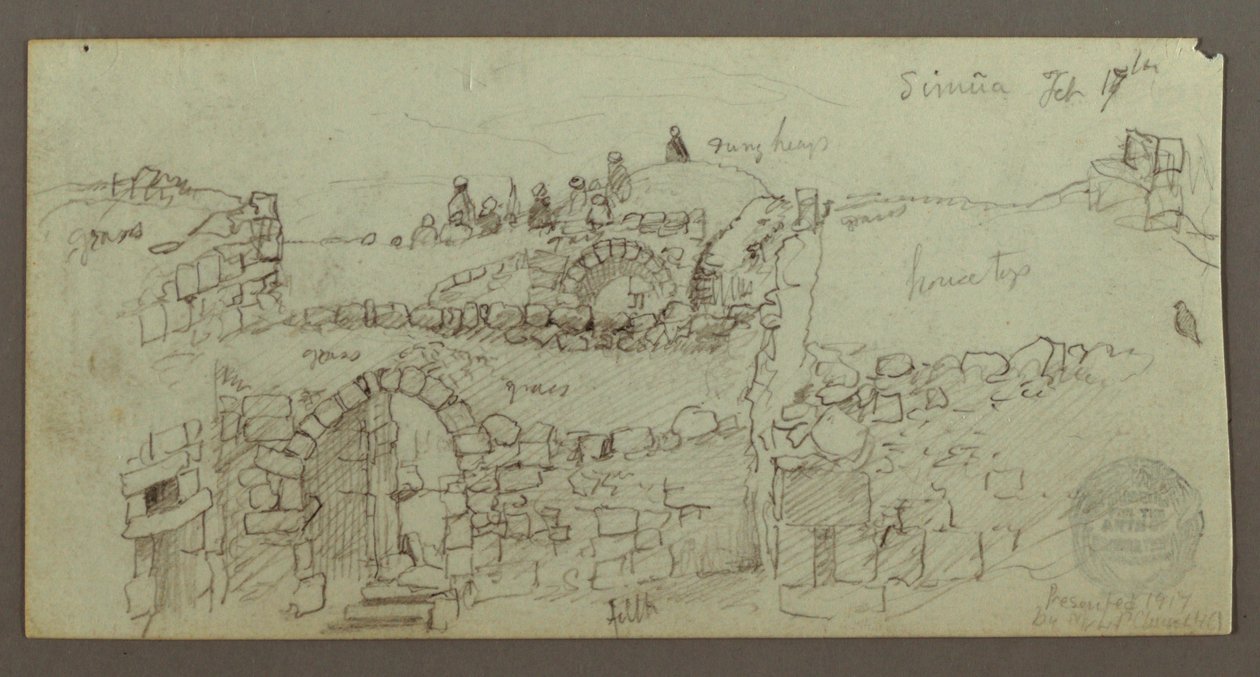 Dessin, bâtiment en pierre, hommes rassemblés sur le toit, 17 février, peut-être 1868 - Frederic Edwin Church