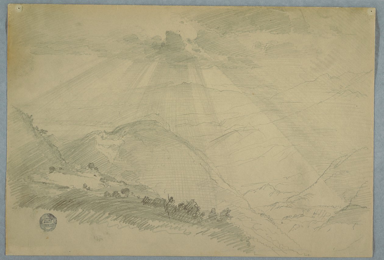 Dessin, soleil perçant les nuages au-dessus d