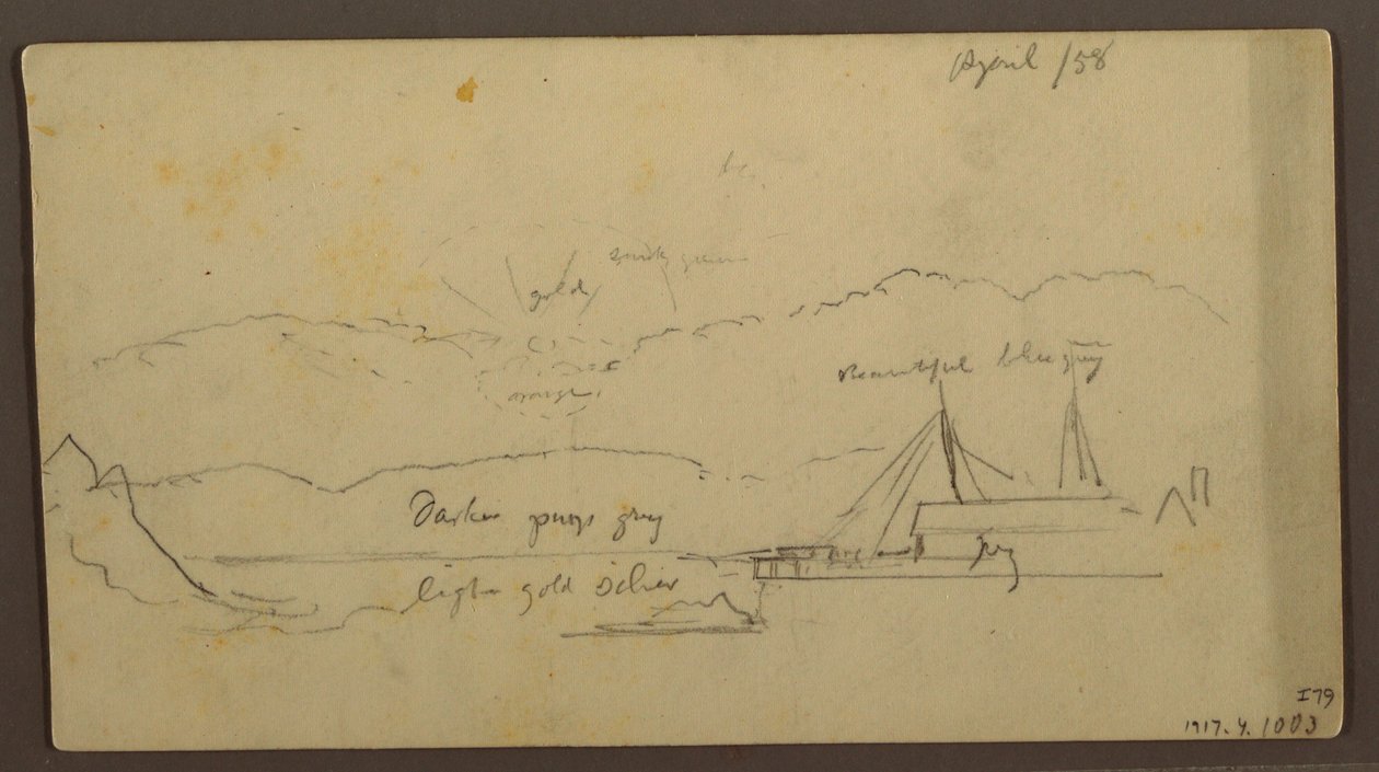 Dessin, Coucher de soleil sur la rive avec un bateau, 1858 - Frederic Edwin Church