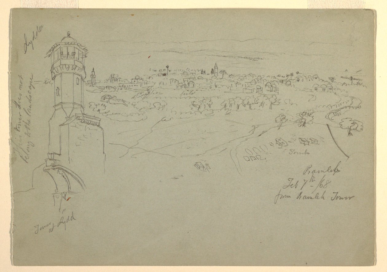 Dessin, tour de Lydda et Ramleh vue de la tour de Ramleh, Palestine [Ramleh, Israël], 7 et 10 février 1868 - Frederic Edwin Church