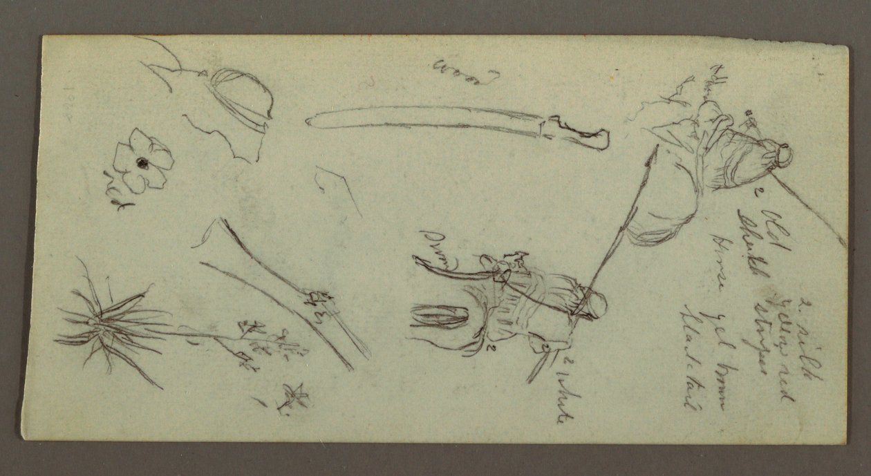Dessin, deux personnages chevauchant des chevaux, portant des lances, une épée, la partie inférieure d