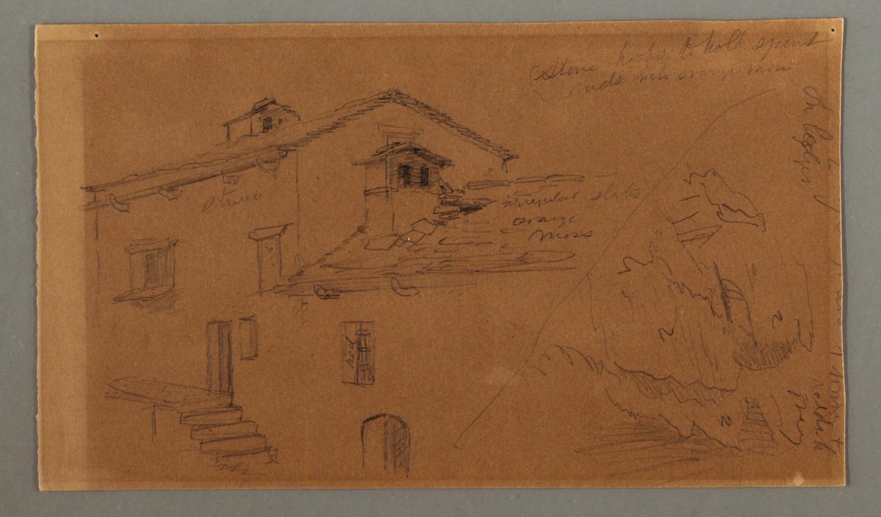 Dessin, deux maisons, rocher, peut-être 1868 - Frederic Edwin Church