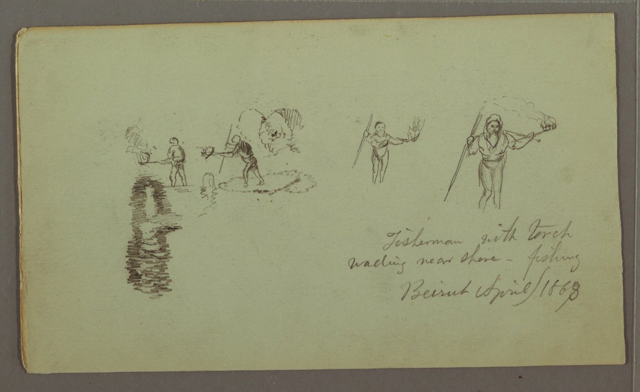 Dessin, deux études de pêcheurs avec des cannes à pêche et des torches, avril 1868 - Frederic Edwin Church
