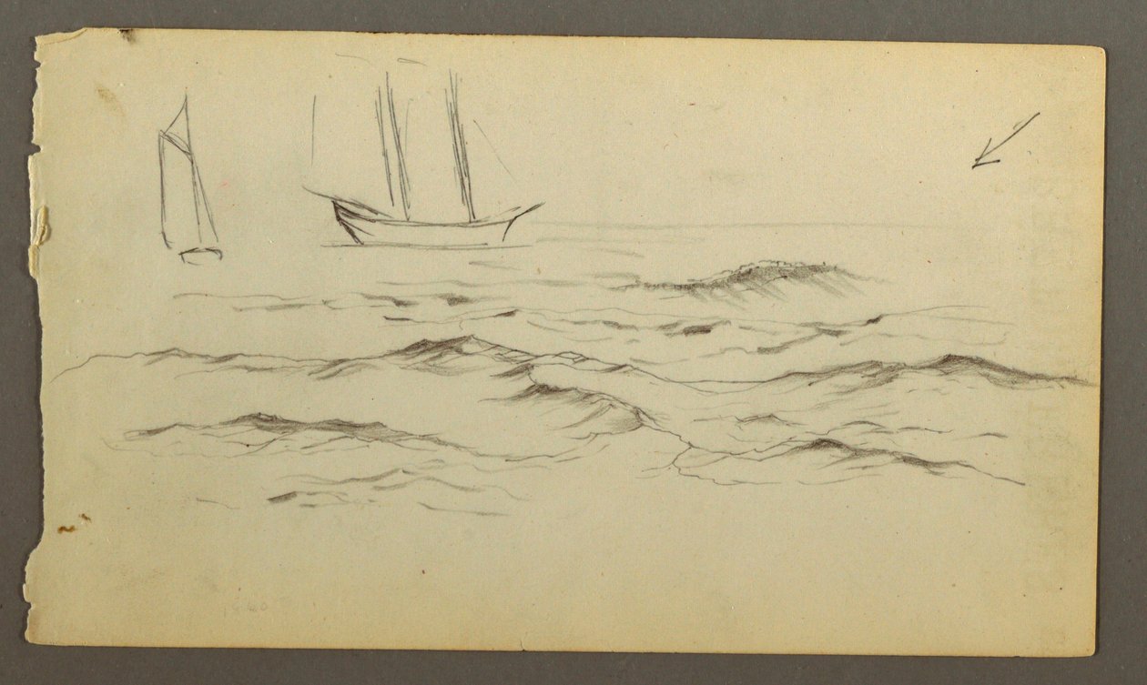 Dessin, deux voiliers, vagues, peut-être 1860 - Frederic Edwin Church