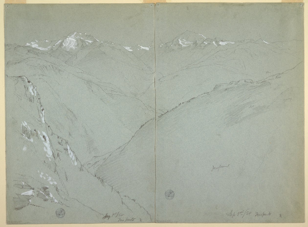 Dessin, paysage de vallée avec des sommets enneigés, Alpes bernoises, Suisse, première partie, 1er septembre 1868 - Frederic Edwin Church