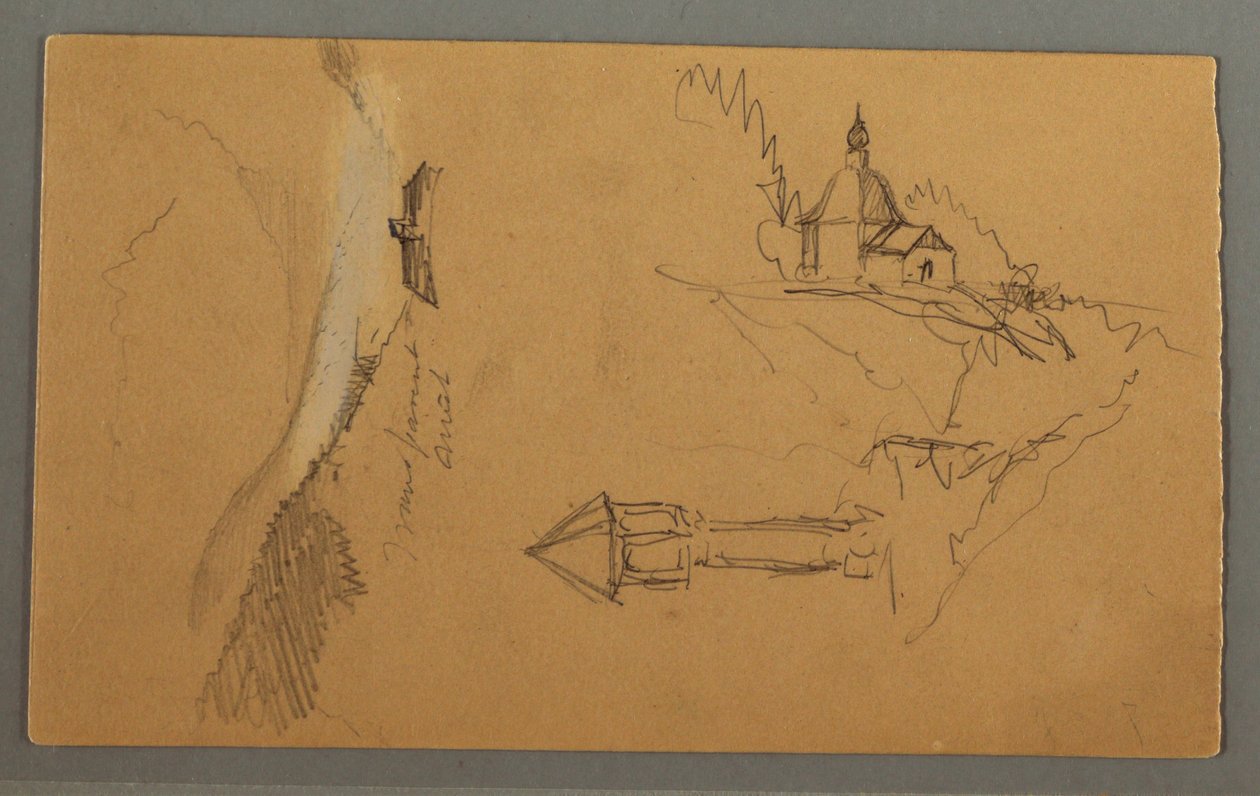 Dessin, vallée, tour, église, peut-être 1868 - Frederic Edwin Church
