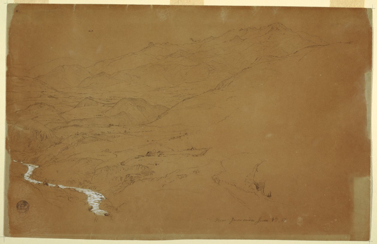 Dessin, vallée avec un ruisseau et des maisons, près de Guaranda, Équateur, 4 juin 1857 - Frederic Edwin Church