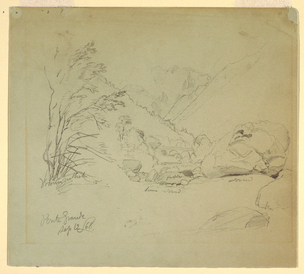 Dessin, vallée avec un pont près de Macugnaga, 12 septembre 1868 - Frederic Edwin Church