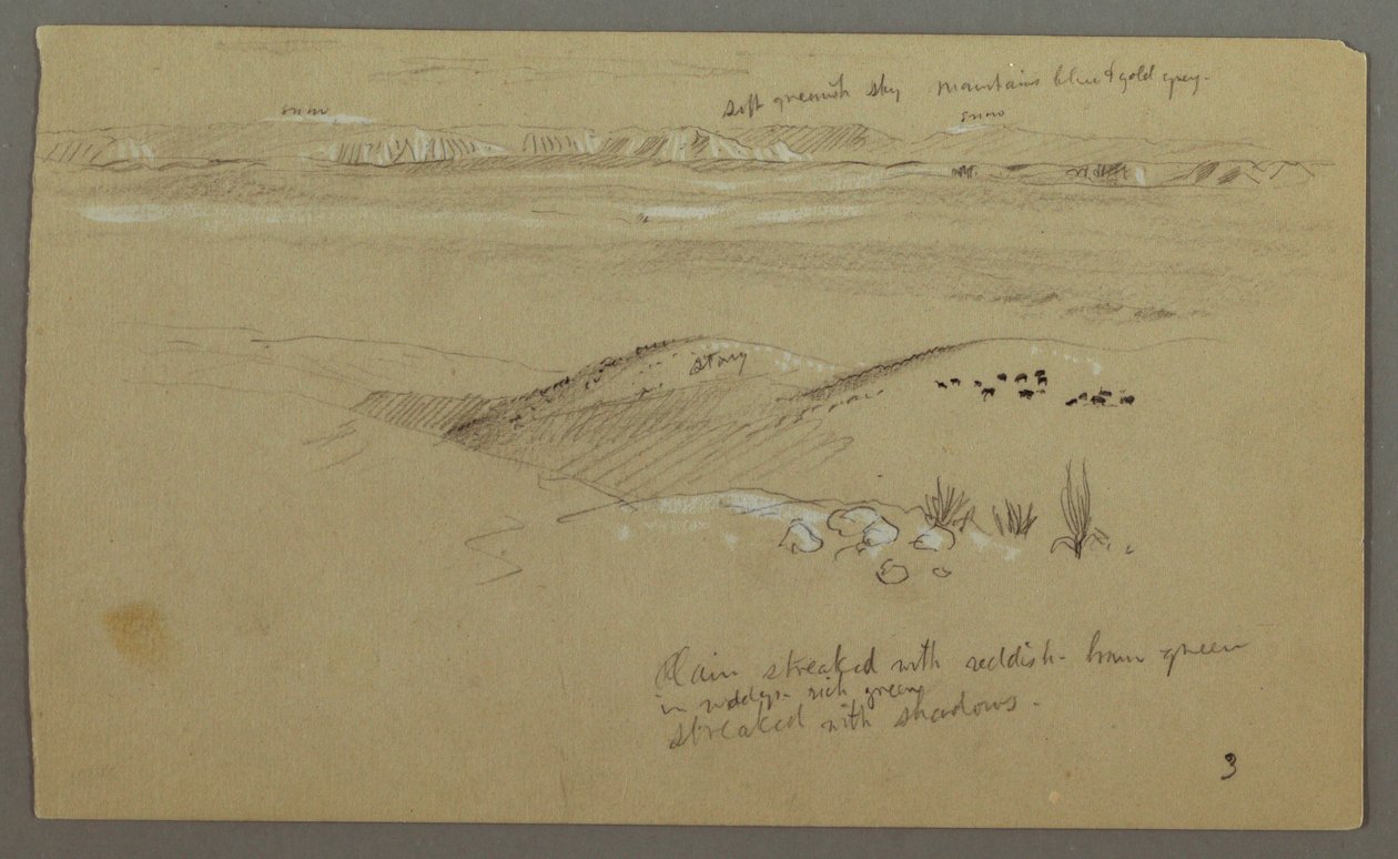 Dessin, vue sur les collines et la plaine en direction des montagnes, vallée d