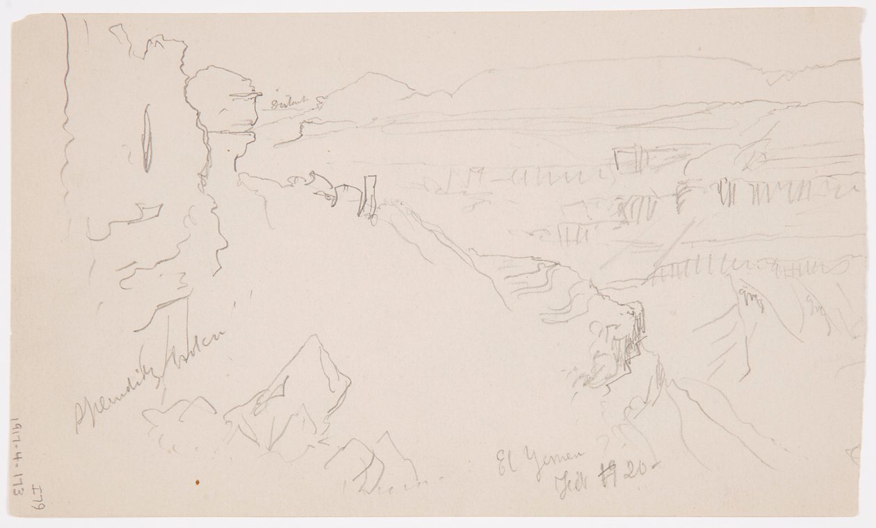 Dessin, vue sur les collines et la plaine en direction des montagnes, vallée d