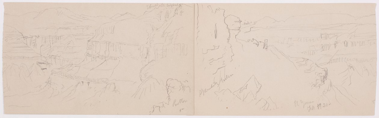 Dessin, vue sur les collines et la plaine en direction des montagnes, vallée d