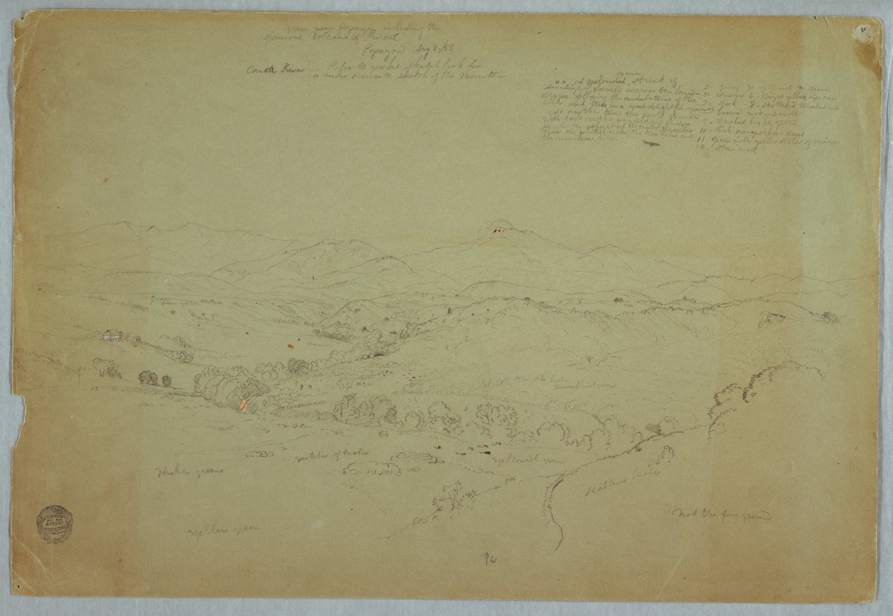 Dessin, vue près de Popayan incluant le volcan Mount Purese, rivière Cauca, Colombie, 8 août 1853 - Frederic Edwin Church