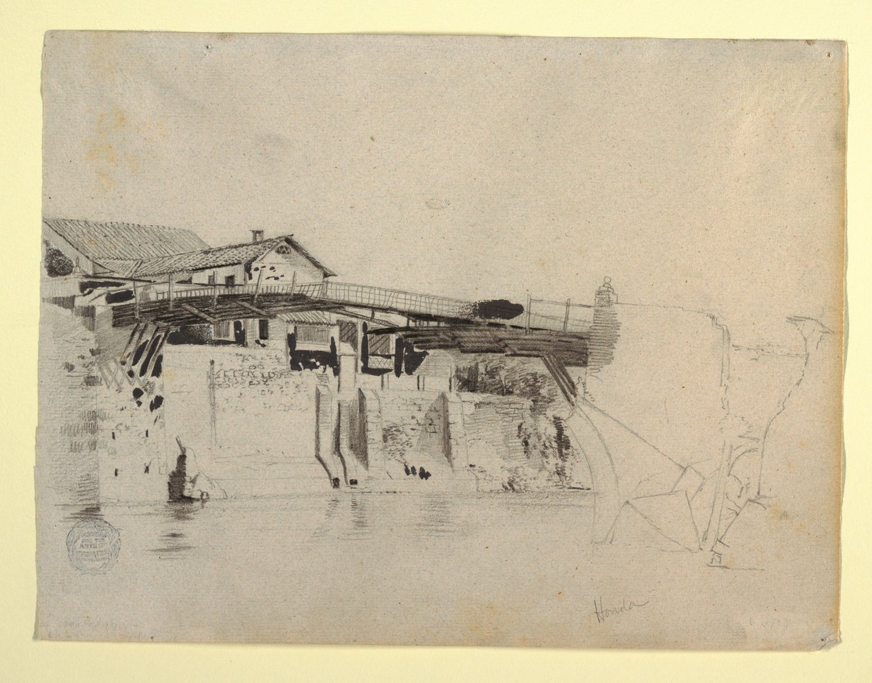 Dessin, vue du pont et des maisons de Honda, Colombie, 1853 - Frederic Edwin Church