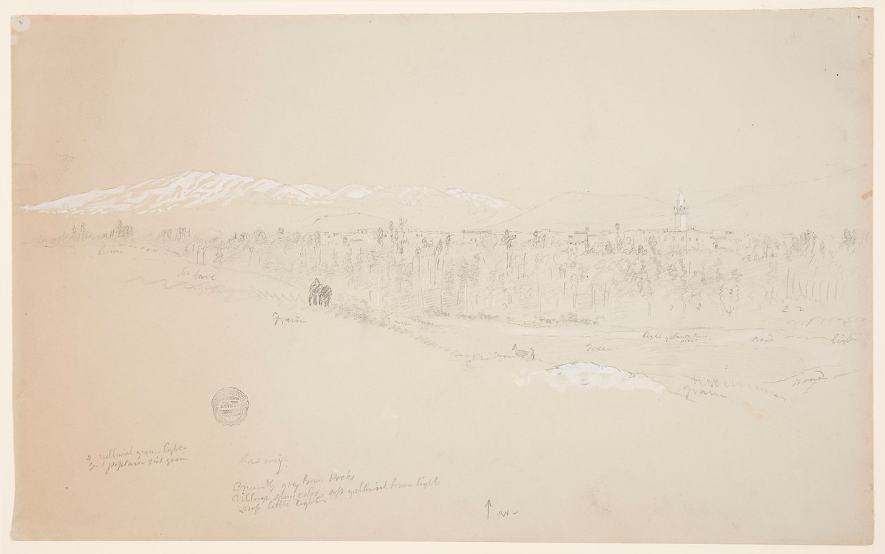 Dessin, village de Kuseiyeh, Mont-Liban au loin, mai 1868 - Frederic Edwin Church